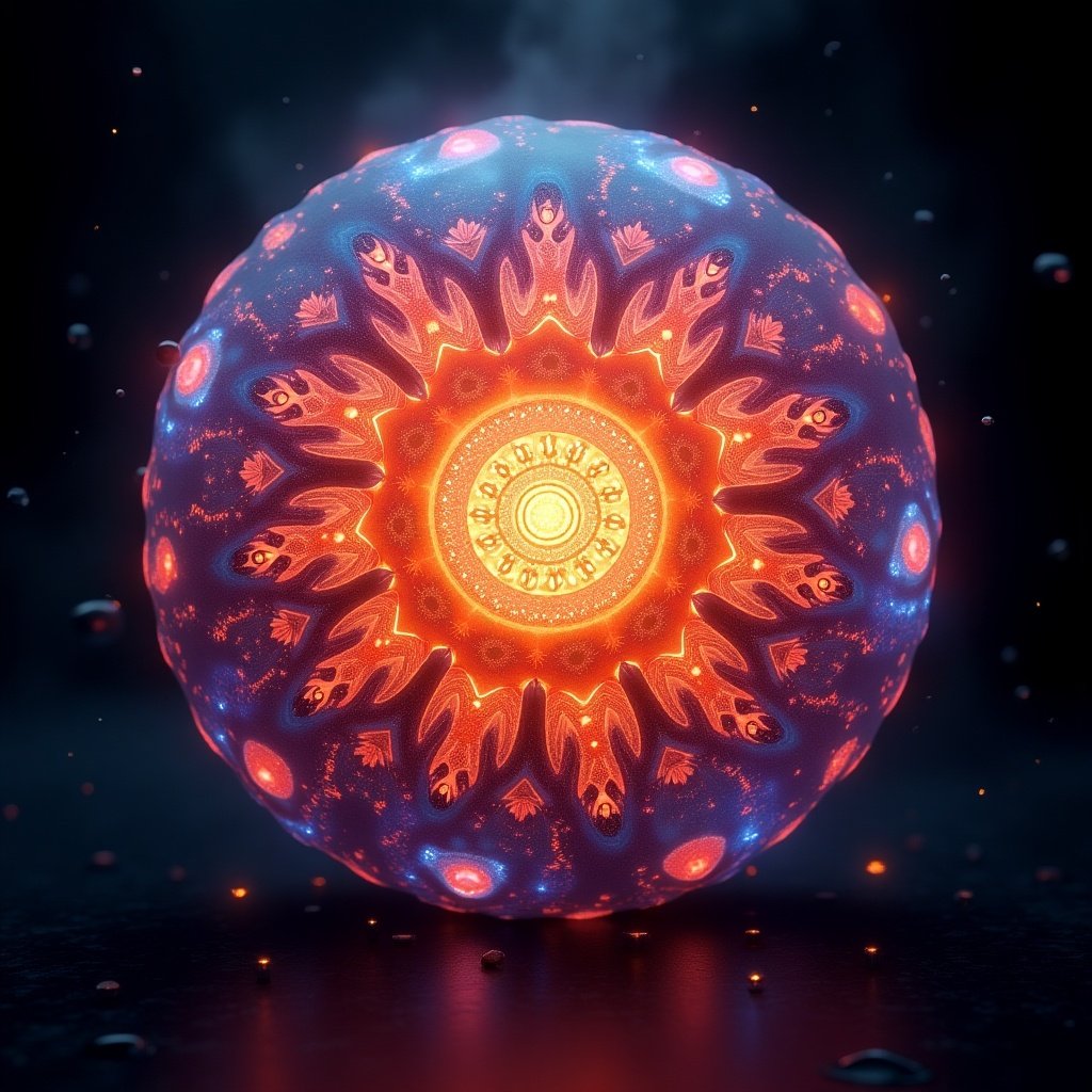 This image features a large, glowing orb that resembles a fantastical mandala. The intricate design showcases various patterns radiating from the center. Colors include deep blue, vibrant orange, and hints of gold that create a captivating contrast. The light emanating from the orb gives it a mystical appearance. This artwork would fit beautifully in modern decor or digital projects.