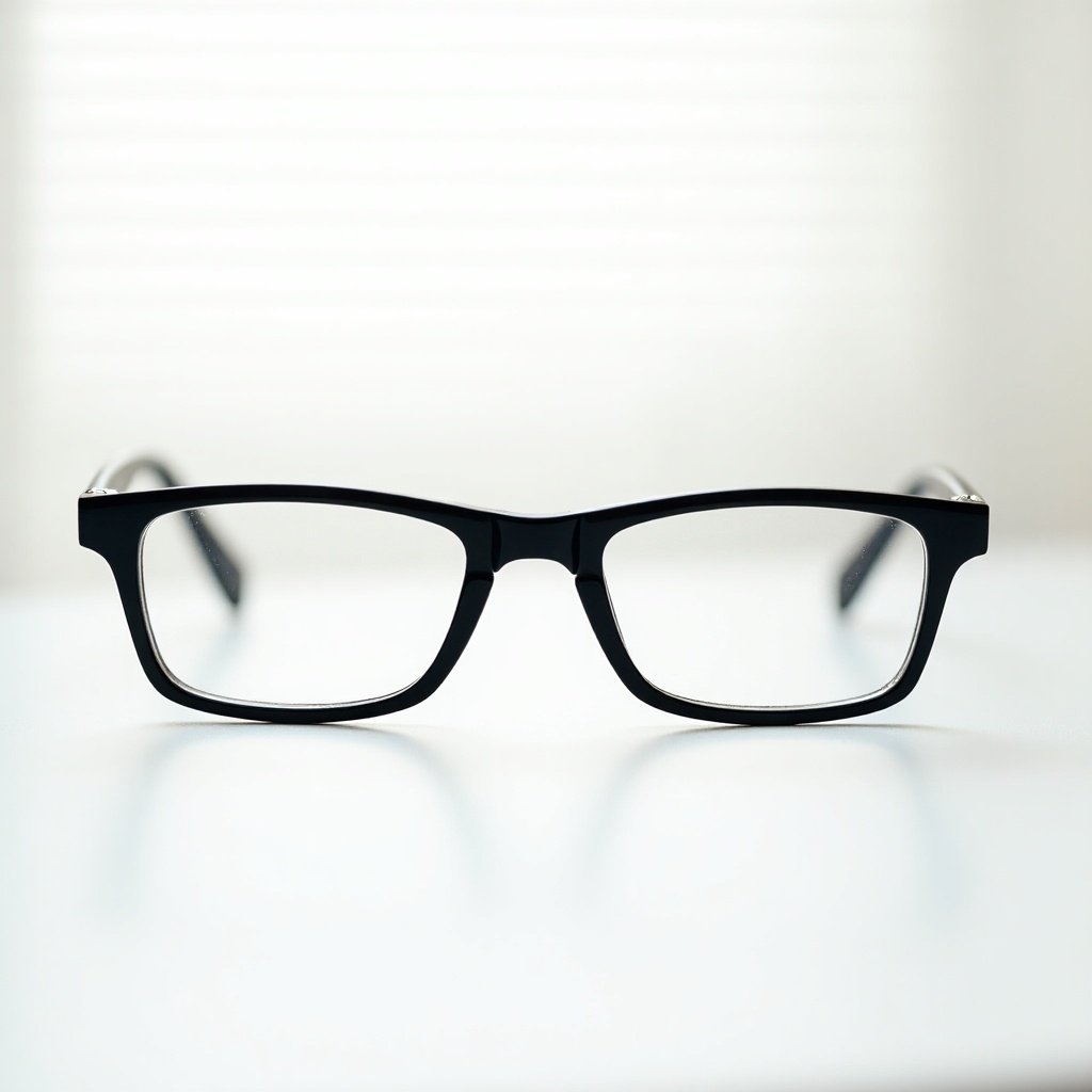 A pair of eyeglasses is centered in the image against a completely white background. The frames are sleek and black, giving a modern appearance. Natural light filters through, casting delicate patterns on the lenses, which enhances the overall composition. This close-up shot beautifully highlights the intricate details of the eyeglasses, while the softly blurred background ensures the focus remains entirely on the glasses. The artistic presentation makes it suitable for various marketing and promotional uses.