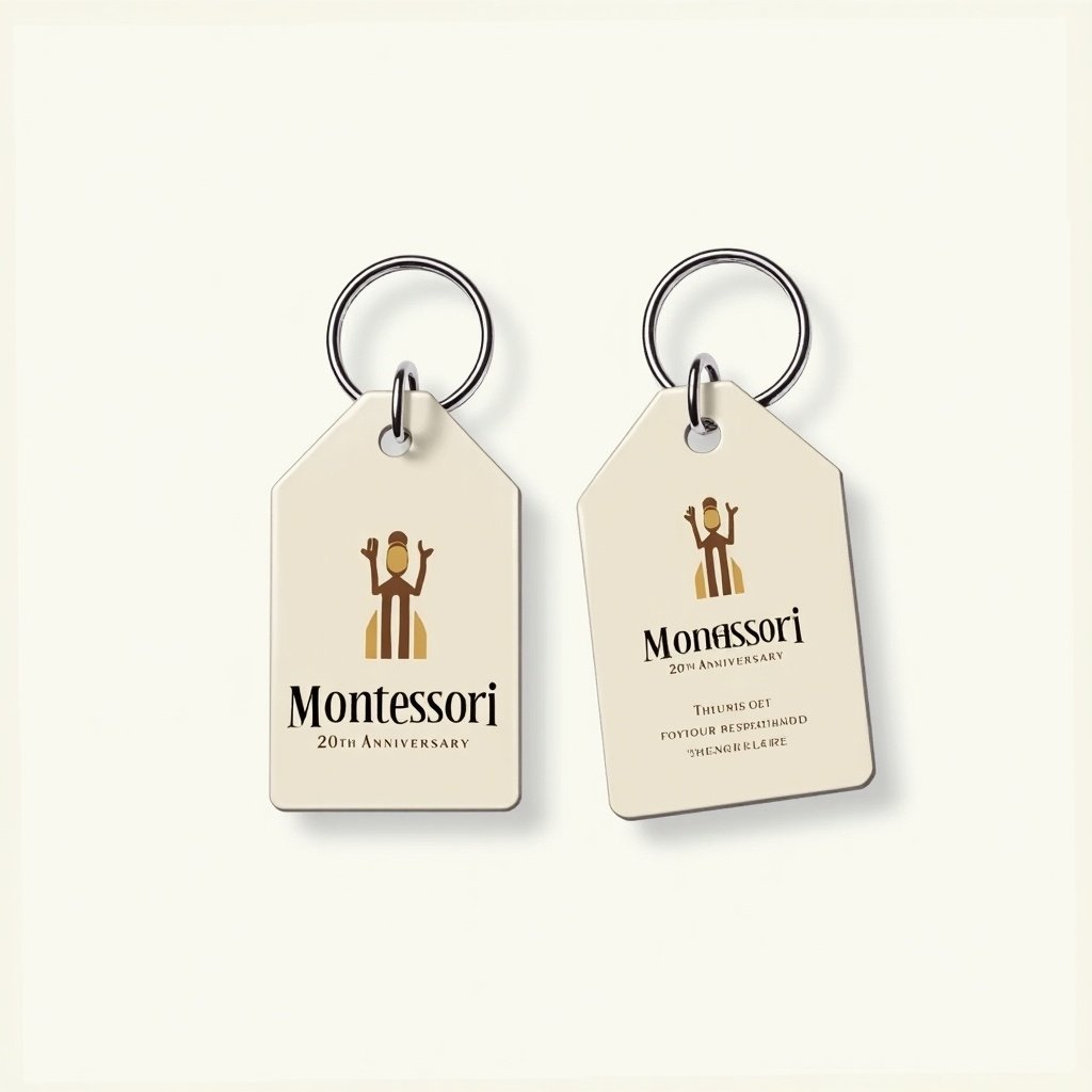 Create a key tag design that features the Montessori logo prominently. The design should also include the text 'Montessori 20th Anniversary'. The left side of the key tag should have space left free for customization or personal messages. Use a simple and elegant aesthetic, focusing on readability and brand identity. The colors should be soft and inviting, making it suitable for an educational theme.