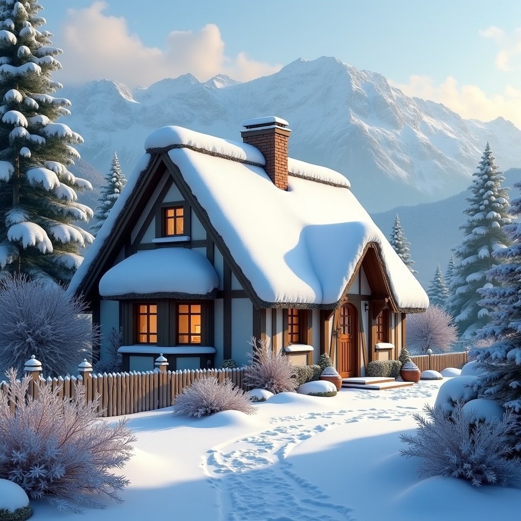 This image portrays a quaint thatched house enveloped in a delicate layer of snow. It is set against a stunning mountain backdrop, adorned with a light dusting of snow. The scene is bathed in soft light, enhancing its tranquil winter atmosphere. The house displays classic architecture, embodying a cozy, rustic charm. Surrounding it are pine trees and shrubbery, contributing to the enchanting winter wonderland feel.