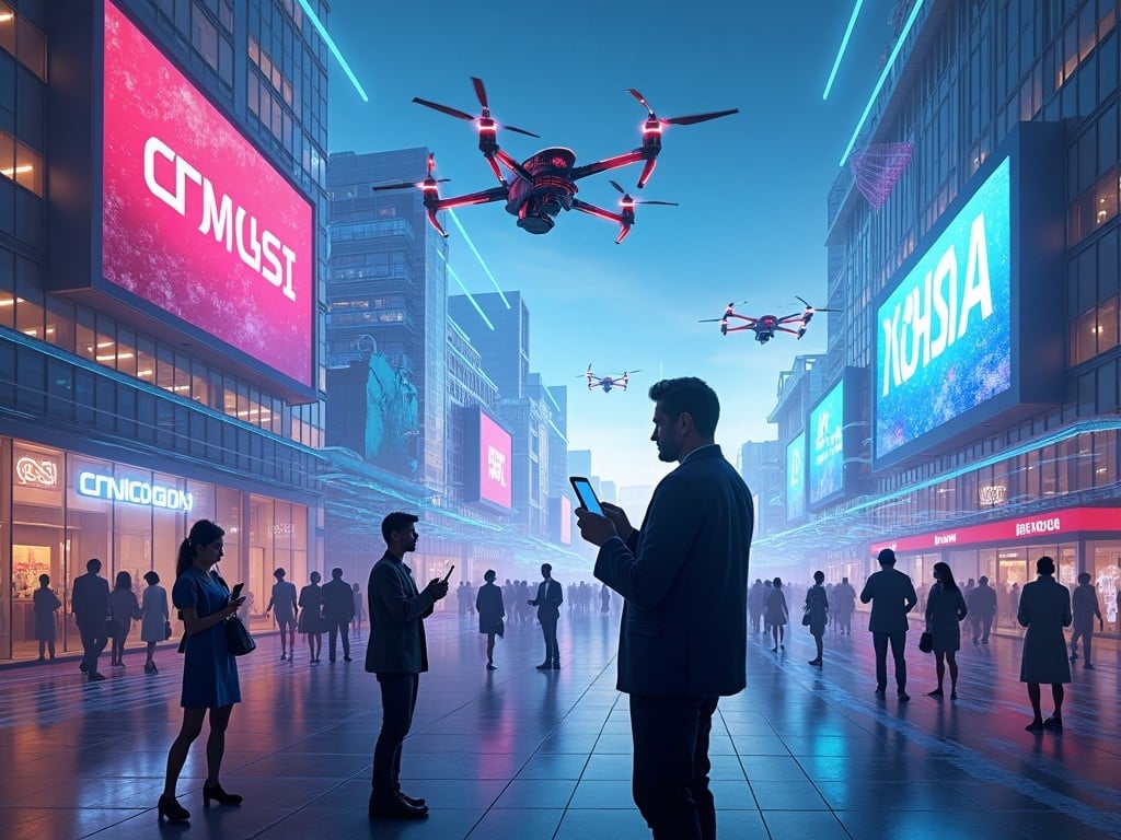 The image depicts a futuristic cityscape filled with vibrant neon lights. In the foreground, people are engaged with their smartphones, representing the theme of digital marketing. Drones fly overhead, showcasing advanced technology integrated into everyday life. Large advertising screens showcase marketing messages, emphasizing the digital environment. The ambiance is a blend of blue and pink hues, creating an evocative atmosphere of innovation and connectivity.