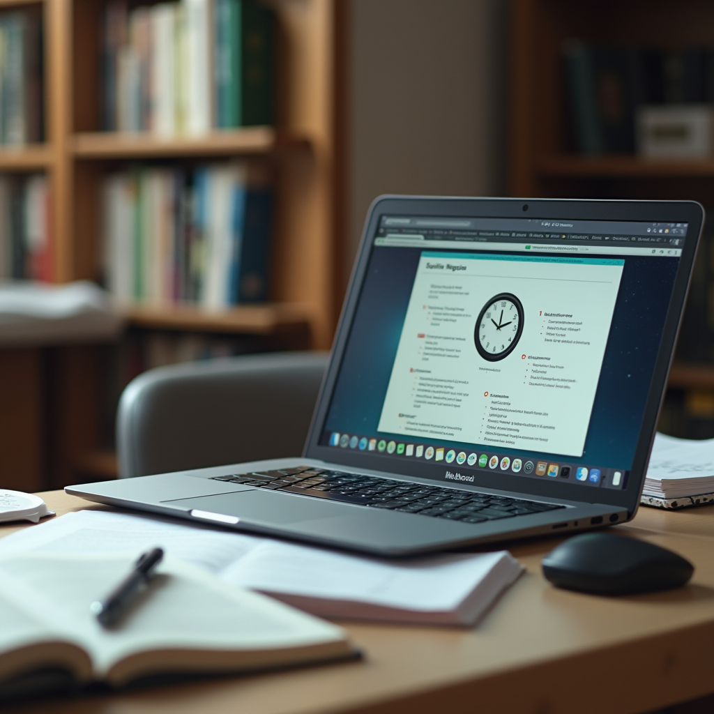 An open laptop on a desk surrounded by papers and books, with a focus on a clock on the screen.