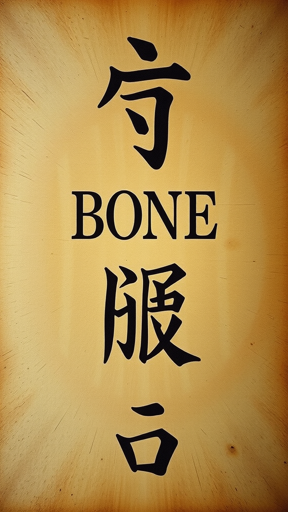 The image displays black text with the word 'BONE' surrounded by Chinese characters on a golden background.