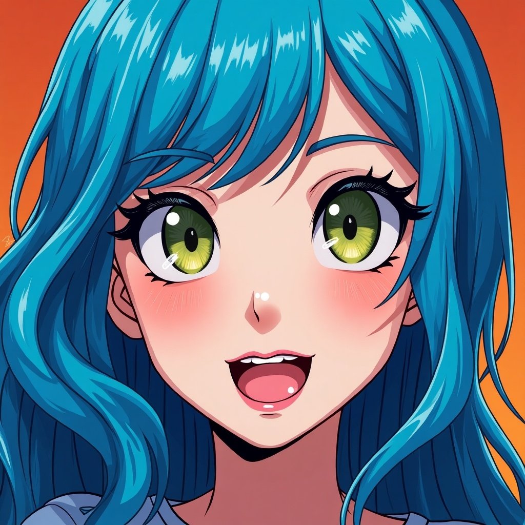 The image features a close-up illustration of a person with striking blue hair and vibrant makeup. Their eyes are large and expressive, showcasing a bright green color. They have a joyful and inviting smile, adding to the overall cheerful atmosphere. The background is a warm gradient that enhances the vivid colors of their hair and makeup. This artistic character design reflects influences from anime and is sure to catch the viewer's attention.