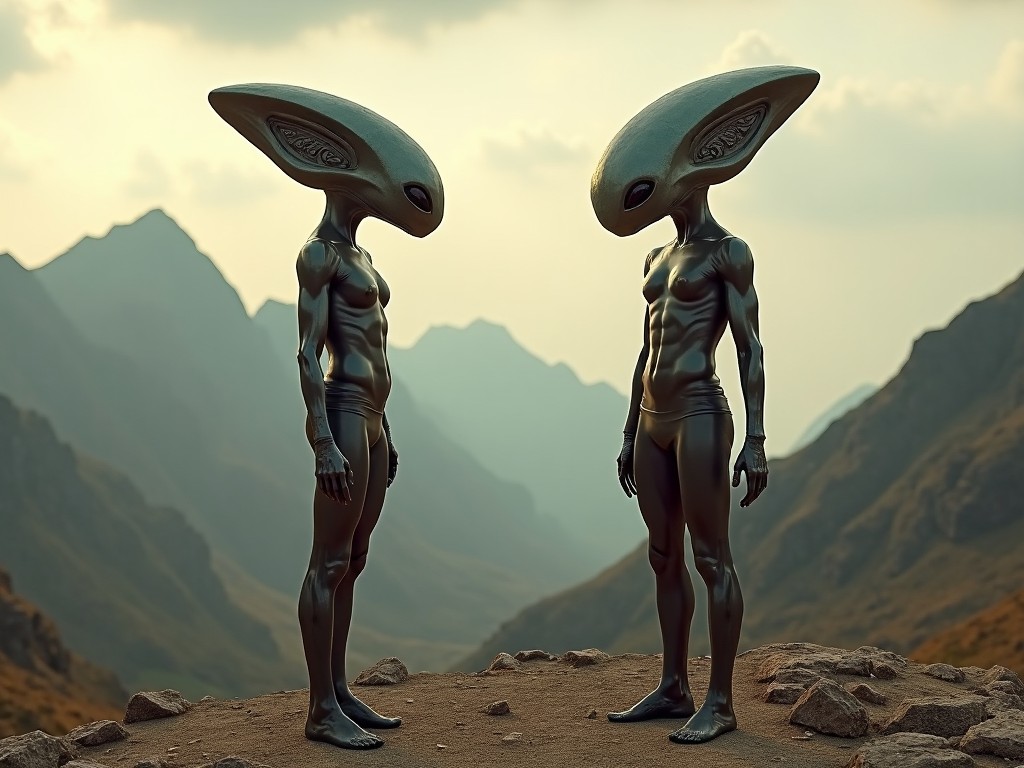 Two humanoid aliens with large streamlined helmets standing on a rocky mountain plateau, facing each other with distant mountains in the background, under a soft light.