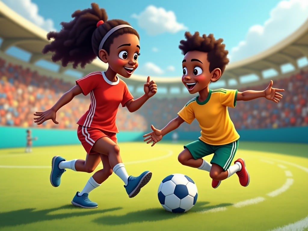 This image depicts two animated children playing soccer on a vibrant green field. One child is wearing a red jersey and the other is in a yellow jersey. They are joyfully interacting as they chase a soccer ball. The background shows a lively stadium filled with spectators, enhancing the atmosphere of excitement. Sunlight brightens the scene, contributing to a cheerful ambiance. The animation style is colorful and engaging, appealing to children and families.