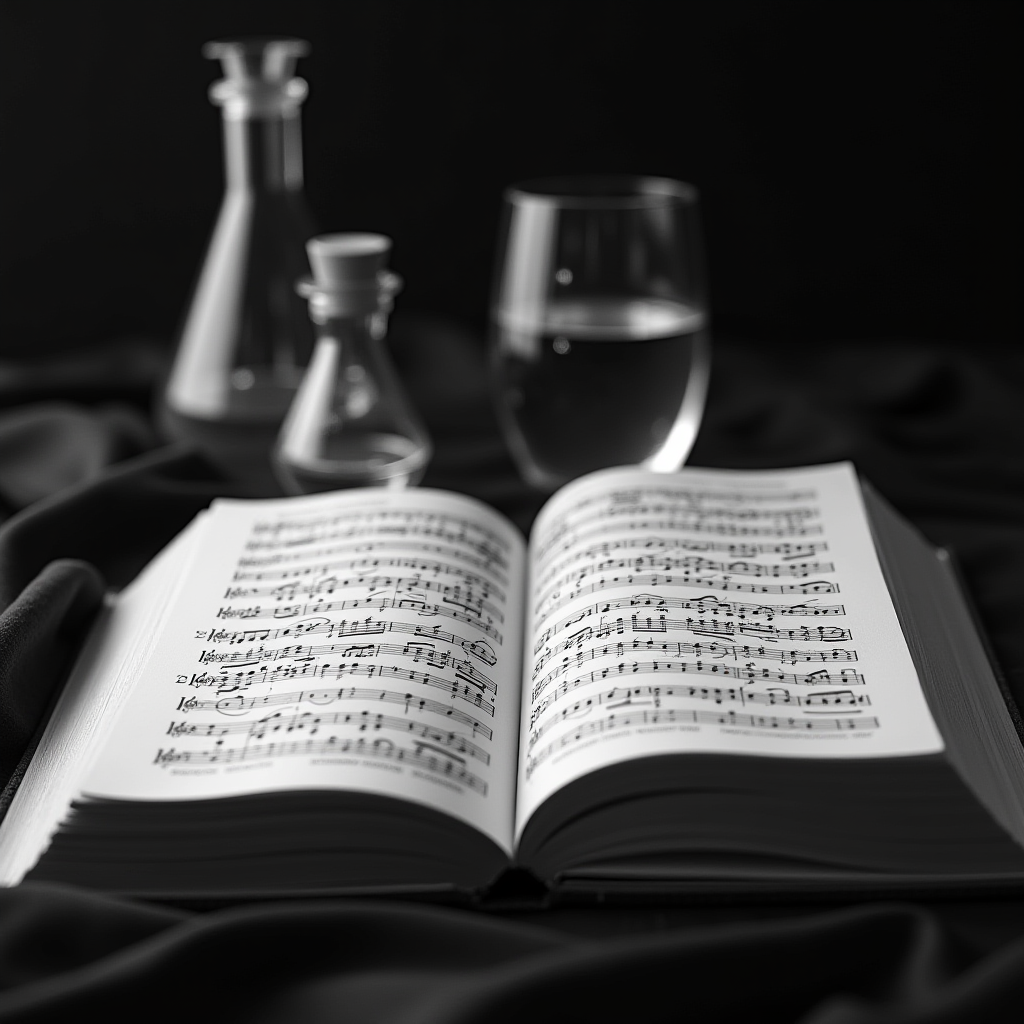 An open sheet music book surrounded by glass chemistry flasks on a black cloth backdrop.