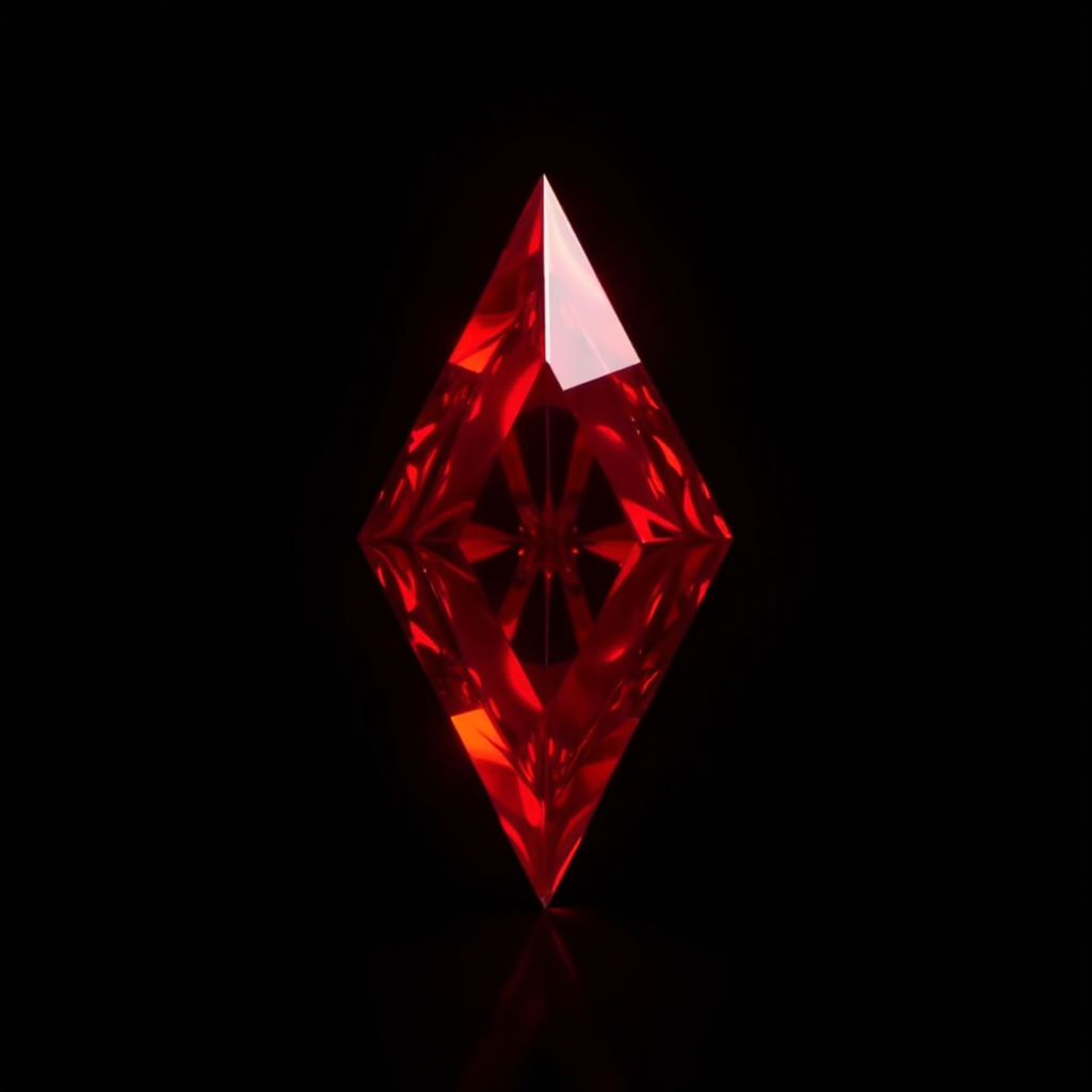 A luminous red gem with intricate facets, set against a dark background.