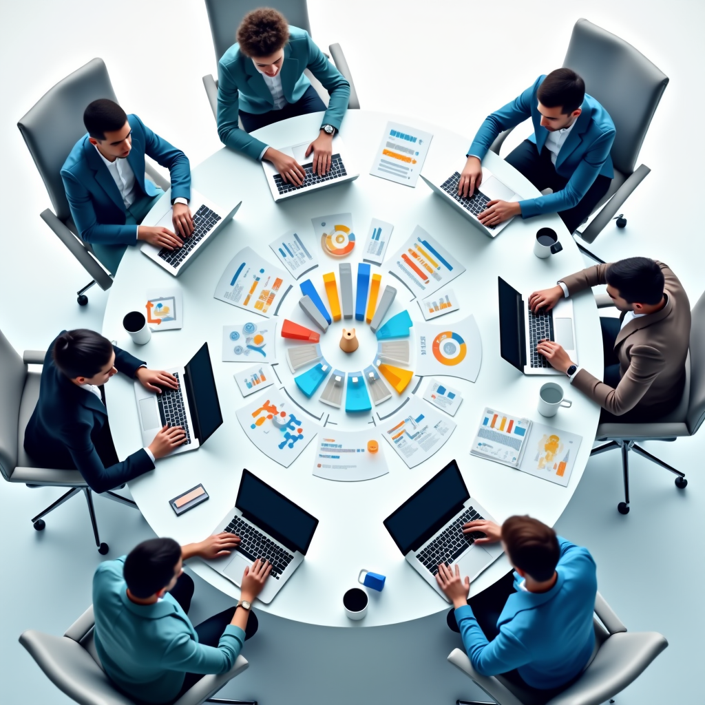 A modern office meeting with people using laptops around a round table covered with colorful charts and graphs.