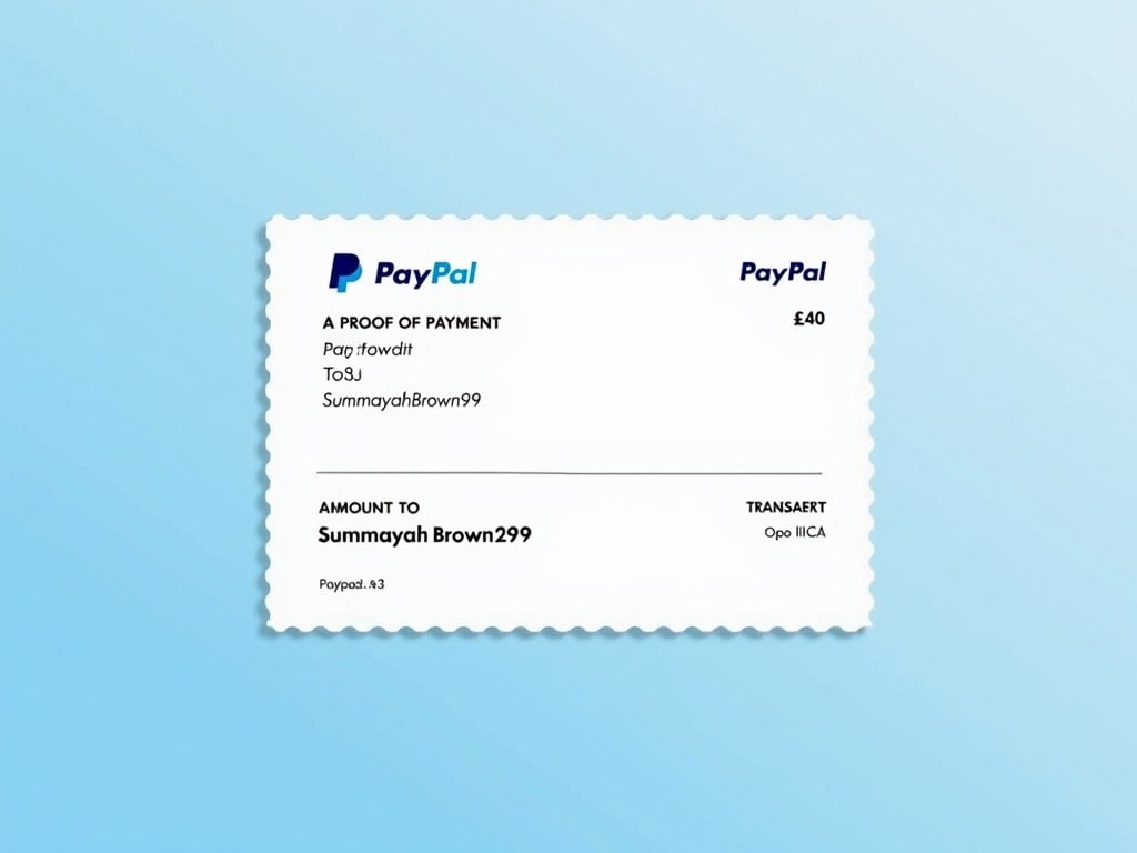 This image is an illustration of a proof of payment document from PayPal. It shows a completed transaction of £40. The payment is directed to an account identified as SummayahBrown69. The design is simple, with clear text and a light blue background, enhancing readability. This document could be used in articles or videos discussing online transactions and payment methods.