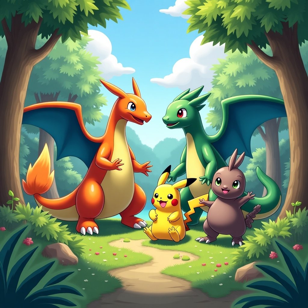 In a vibrant forest setting, four Pokémon characters stand together. Charizard, with its bright orange body and wings, is accompanied by Pikachu, a yellow rodent-like creature with pointed ears. A green dragon-type Pokémon and a small brown creature complete the group. They are positioned in a friendly manner, as though they are ready for an adventure. The background features sunny skies and lush greenery, enhancing the cheerful atmosphere.