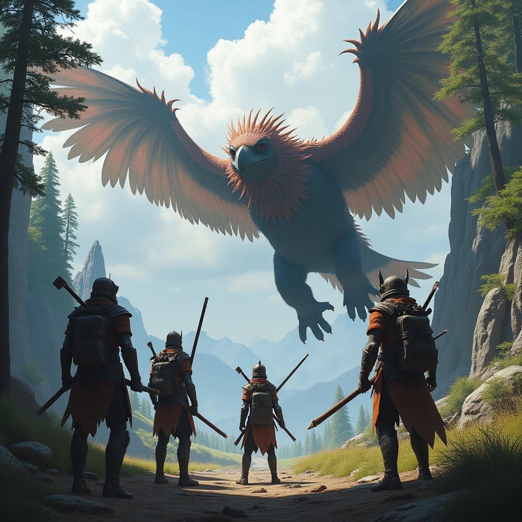 An epic scene depicts a group of falcon dragon hunters preparing for battle against a massive creature in a dramatic landscape. The hunters are equipped with unique weapons and armor, showcasing their diverse skills. Towering trees and jagged rocks create an immersive environment in the background. The creature has fearsome wings and a menacing gaze, dominating the skyline. This image captures the thrill and adventure of the Monster Hunter universe, inviting viewers into a world of fantasy and action.