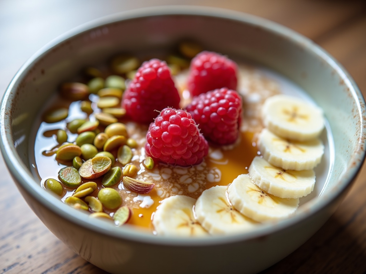 This image features a beautifully arranged bowl of overnight oats. The oats are soaked in milk and drizzled with honey, providing a rich texture. Bright red raspberries and sliced bananas add visual appeal and flavor. Topped with crunchy pistachios, this dish embodies a healthy breakfast. The warm colors and soft lighting make it look inviting and delicious.