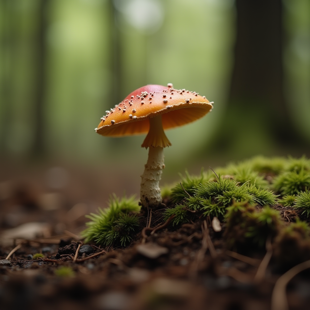 A lone red-topped mushroom stands amidst moss on a forest floor.