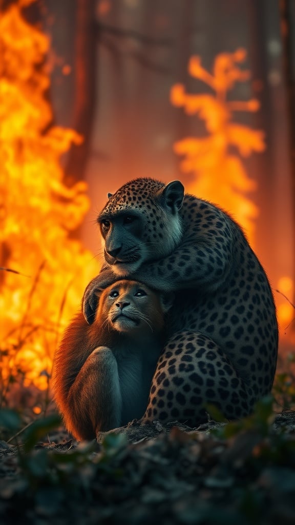 A leopard protectively embracing a monkey in a forest with a raging fire as the background.