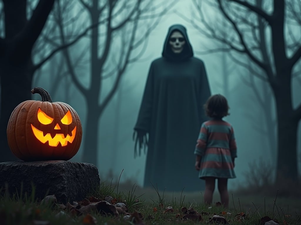 This chilling movie poster depicts a haunting scene set in a dark forest. A menacing skull-faced specter looms in the background, dressed in a dark cloak. In the foreground, a child stands facing this figure, evoking a sense of fear and suspense. Beside the child, a carved pumpkin with a sinister expression sits on a stone, illuminating the scene with its eerie glow. The misty atmosphere and bare trees enhance the overall mood, making it a compelling visual for a psychological thriller or horror-themed story.