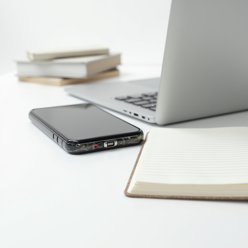 A sleek, modern workspace with a laptop, smartphone, and open notebook on a white desk.