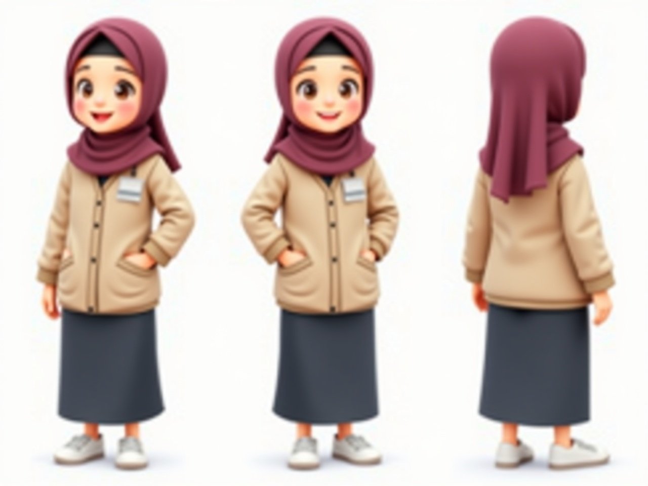 This image features a cartoon character turn-around sheet of a cheerful girl wearing a jilbab. She is dressed in a stylish office uniform, complete with a jacket and long pants. The illustration displays her in three views: front, side, and back. She sports white sneakers that add a casual touch. The overall design is vibrant and approachable, making it suitable for various creative projects.