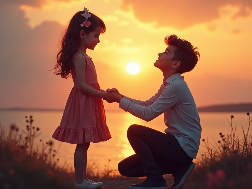 A touching moment at sunset as a father kneels to hold his daughter's hands, surrounded by a scenic outdoor setting and framed by the golden sky.