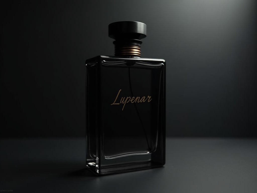 A sleek, elegant perfume bottle named 'Lupenar' sits against a dark background. The bottle features a minimalist design with a black lid and gold lettering. Soft lighting enhances the contours of the bottle, creating a sophisticated ambiance. The shadows emphasize the bottle's shape and luxurious appeal. This composition is ideal for advertising high-end cosmetic products or fragrances.