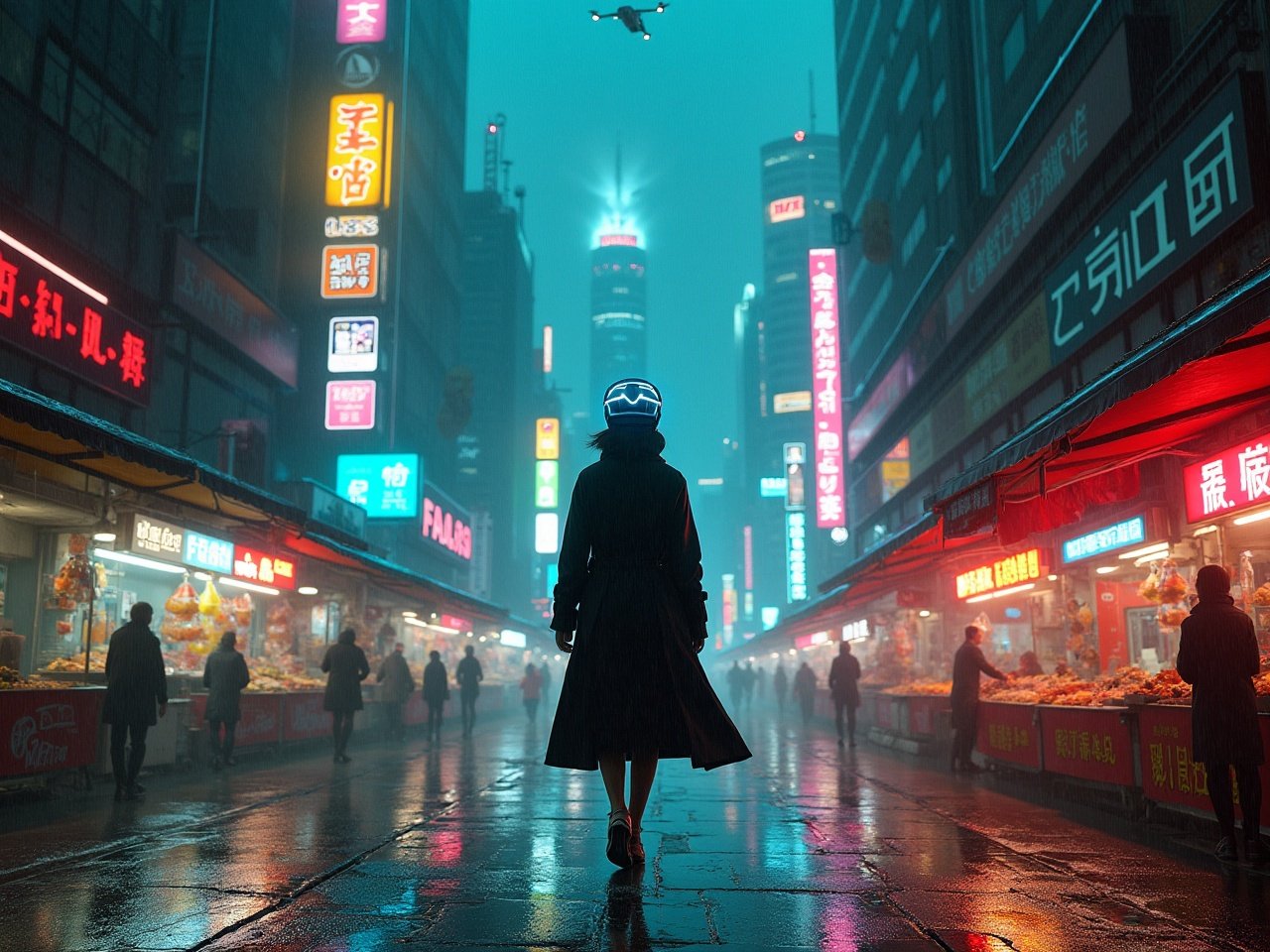 A person with a glowing helmet walks through a misty, neon-lit urban street.