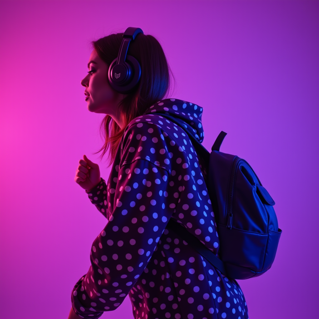 A person in a polka dot hoodie and headphones walks under vibrant pink and purple lighting.