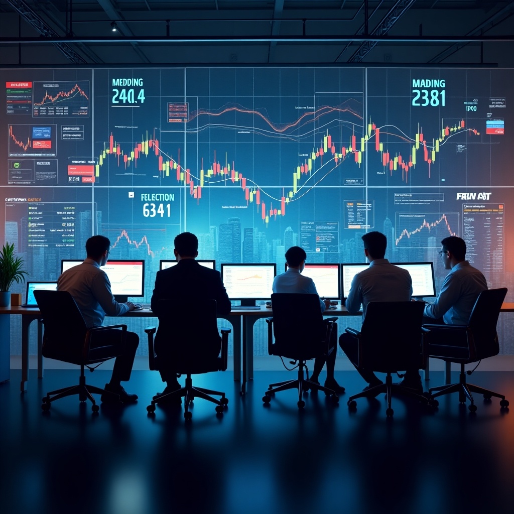 The image shows a modern office environment focused on stock market analysis. A group of five professionals sits at desks with computers, analyzing stock data displayed on a large screen. The background features graphs and numbers indicating market performance. The lighting is dim, emphasizing the glow of the digital displays. This setting suggests a high-tech approach to financial management and investment strategies.