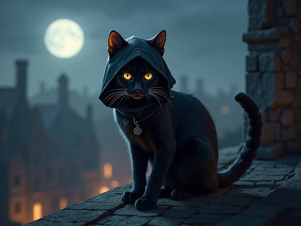 A mystical black cat with glowing yellow eyes sits on a stone ledge under the moonlight. Wearing a hood, the cat gazes with an enigmatic expression, suggesting a sense of mystery and magic. The backdrop features a silhouetted cityscape, creating a slightly gothic atmosphere enhanced by the soft, dim lighting of a full moon.