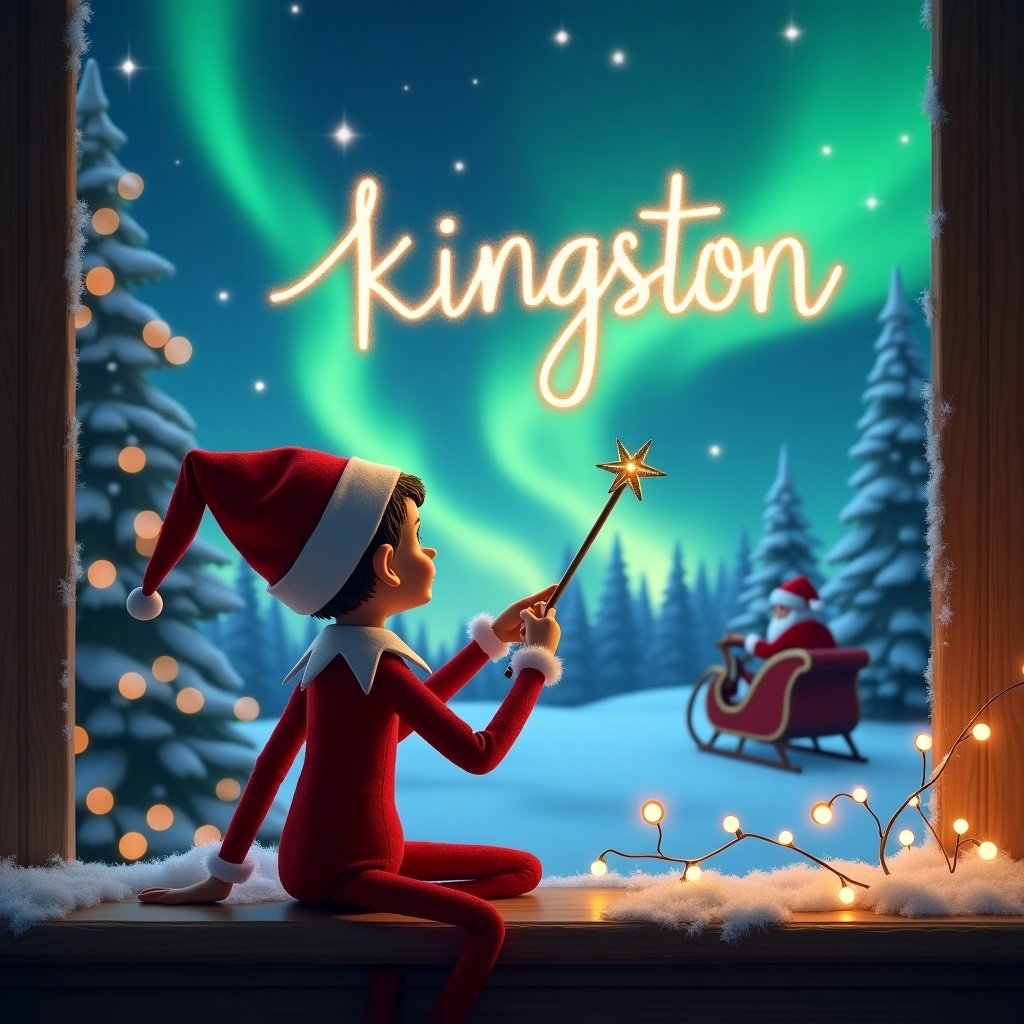 The image features an Elf on the Shelf sitting with its back to the viewer, gazing out at a magical winter scene. It is holding a wand and writing the word 'Kingston' in the night sky. The background is filled with vibrant northern lights and a sleigh with Santa Claus. The snowy landscape is adorned with evergreen trees, creating a festive atmosphere. Twinkling lights are draped around the window, enhancing the holiday feel. This whimsical scene embraces the spirit of Christmas, inviting feelings of joy and nostalgia.