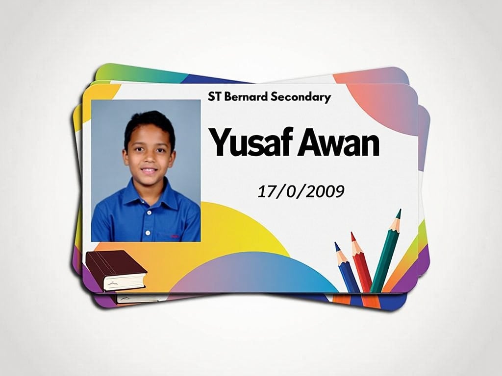 The image showcases a student identification card. It belongs to ST Bernard Secondary and features a student named Yusaf Awan. The card includes his date of birth, which is 17/10/2009. There are colorful design elements surrounding the main information. The layout is clean and visually appealing, ensuring easy readability of the text.