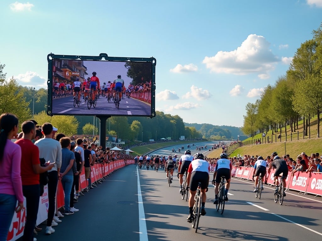 The image depicts a lively cycling event taking place on a wide road. In the foreground, cyclists are racing past, showcasing their competitive spirit. In the background, a large digital screen broadcasts the race, allowing spectators to follow the action closely. The atmosphere is filled with excitement, with crowds gathered along the route, cheering the participants on. The setting features lush greenery and blue skies, adding to the vibrant outdoor ambiance of the event.