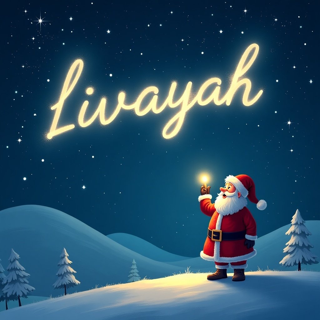 An enchanting and magical scene of Santa Claus standing on a snowy hill at night. He is writing 'Livayah' in the sky with a soft glowing light. The background has stars twinkling brightly. Snow-covered trees dot the landscape. The overall atmosphere is festive and cheerful, embodying the spirit of Christmas in a whimsical manner.