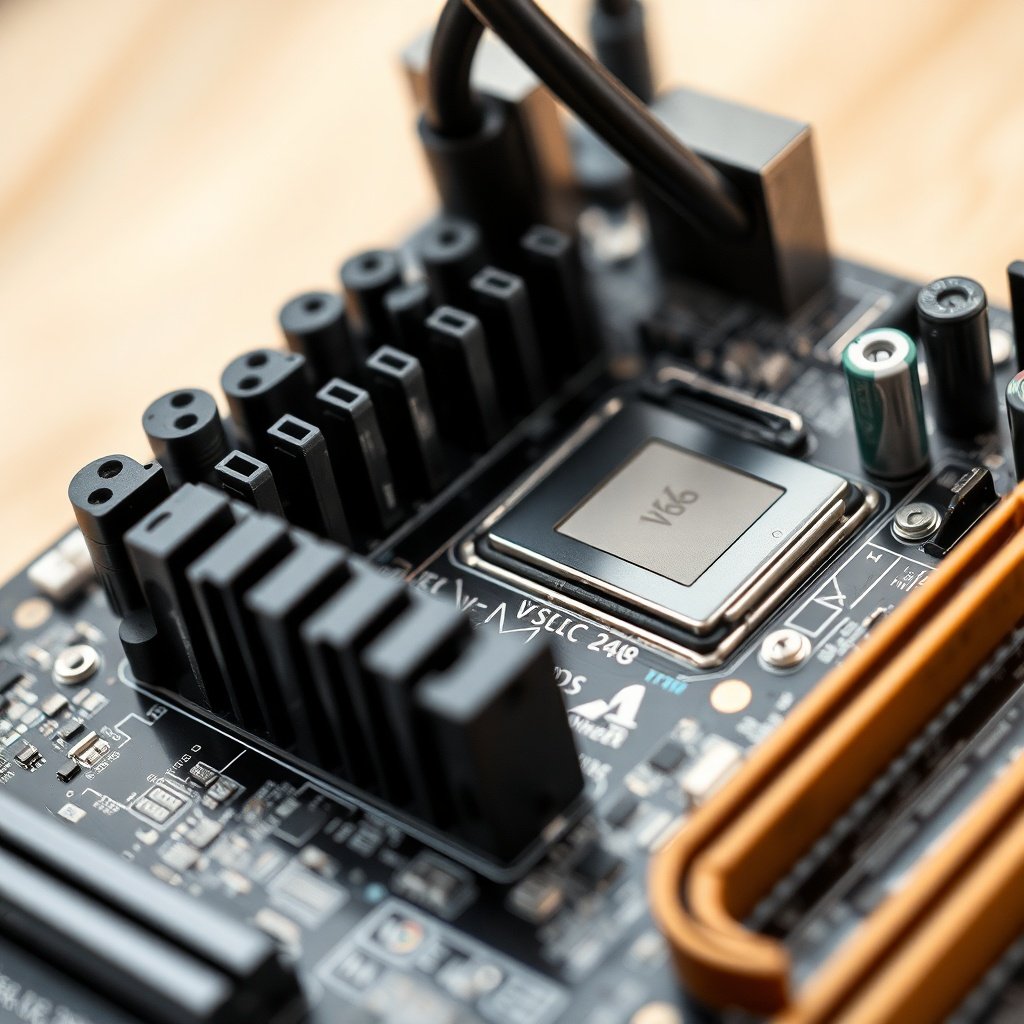 Close-up photo of a computer motherboard focusing on the CPU socket and various components.