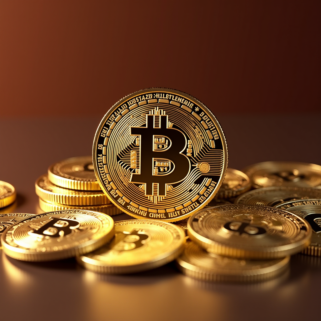 A stack of golden coins featuring the Bitcoin symbol, illuminated by warm lighting.