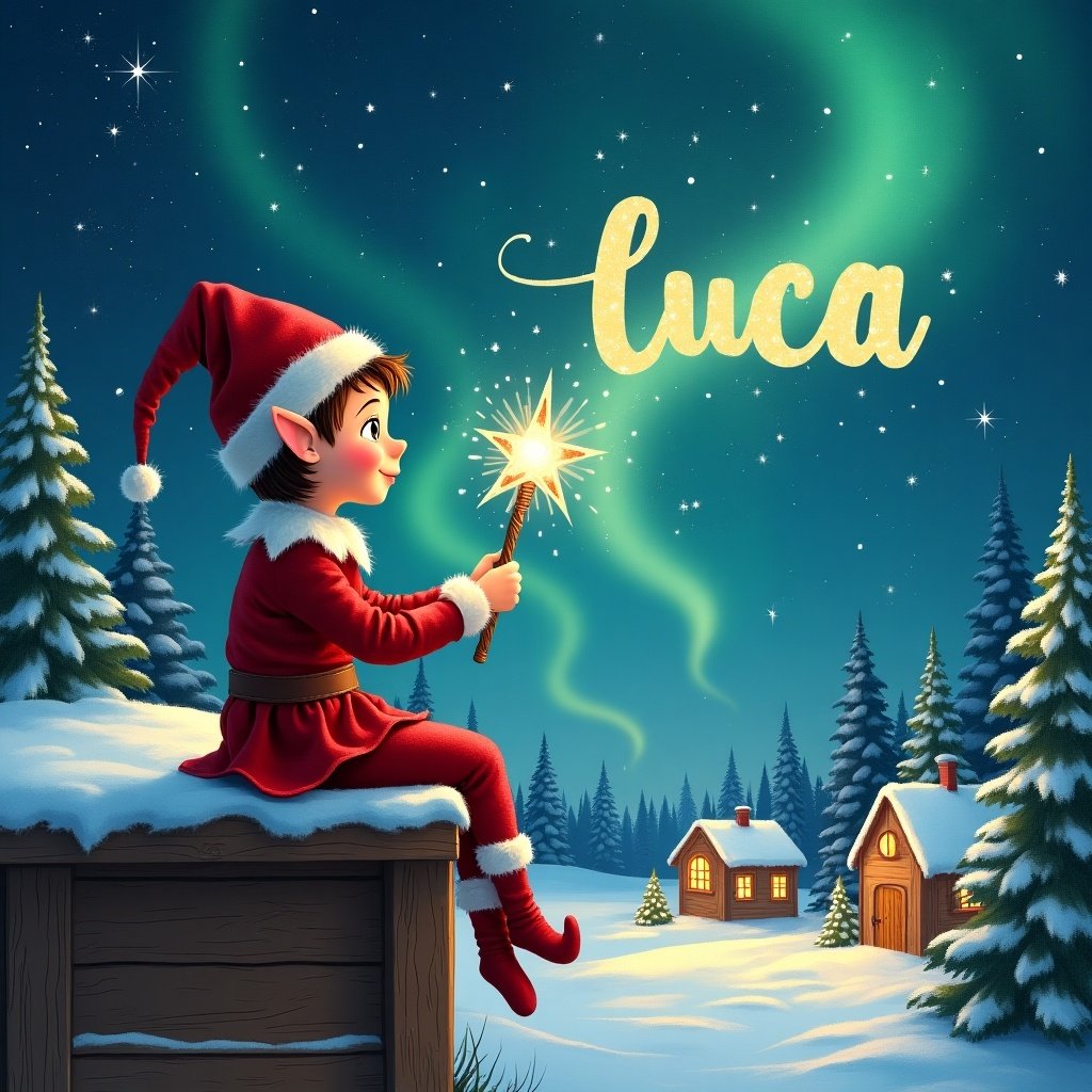 An elf sits on a wooden ledge with its back to the camera, gazing at a magical sky. Dressed in a red outfit with a pointed hat, the elf holds a sparkling wand. With the wand, the elf writes the name 'Luca' in the starry sky. The scene is painted with a snowy landscape, charming little houses, and evergreen trees under shimmering Northern Lights. This whimsical depiction captures the essence of childhood magic and Christmas cheer.