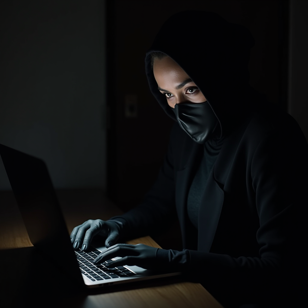 A person in a dark hooded outfit and mask types intently on a laptop in a dimly lit room.