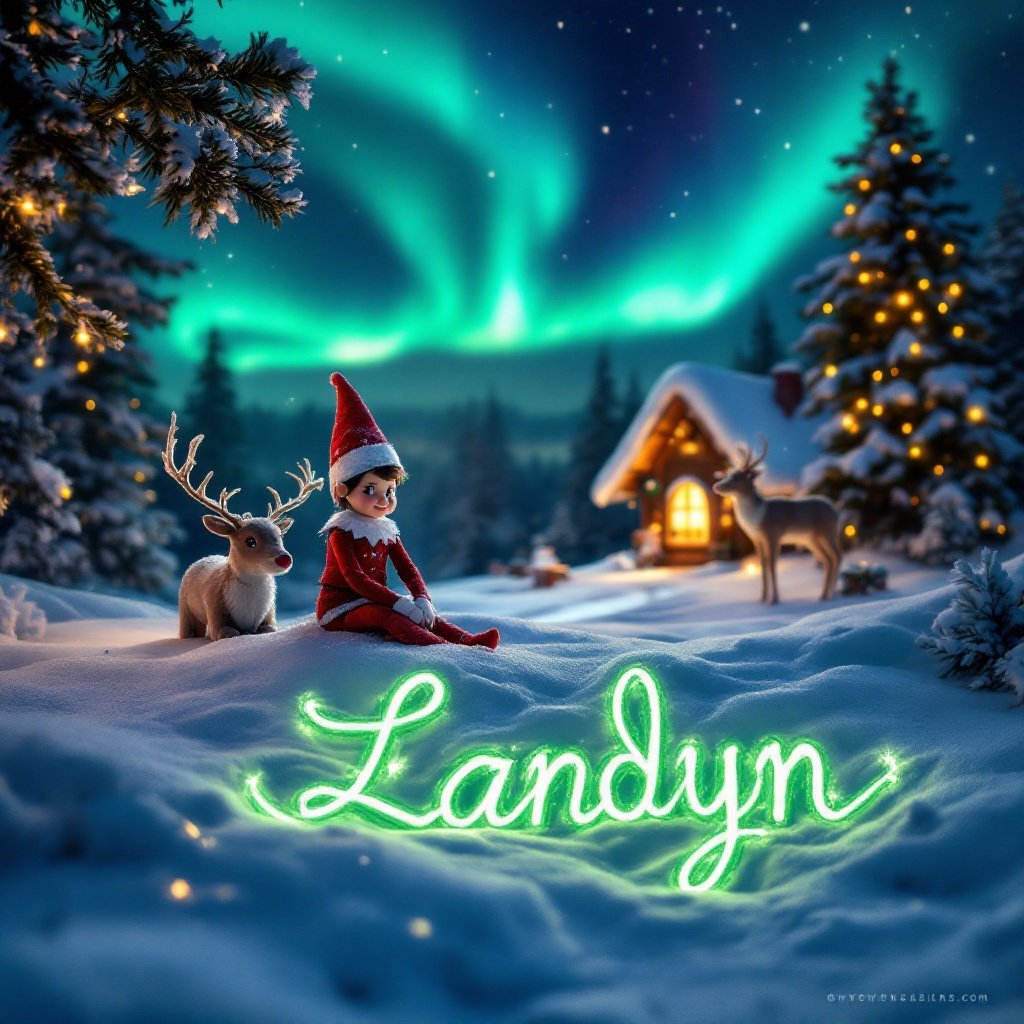 An enchanting Christmas scene featuring an elf on the shelf sitting in the snow. The northern lights shine vibrantly in the night sky above. Two reindeer are positioned nearby, adding to the festive atmosphere. In the foreground, the name 'Landyn' is beautifully written in green in the snow. A cozy Santa's cottage is visible in the background, illuminated warmly. This magical imagery captures the essence of the holiday season and evokes feelings of joy and wonder.