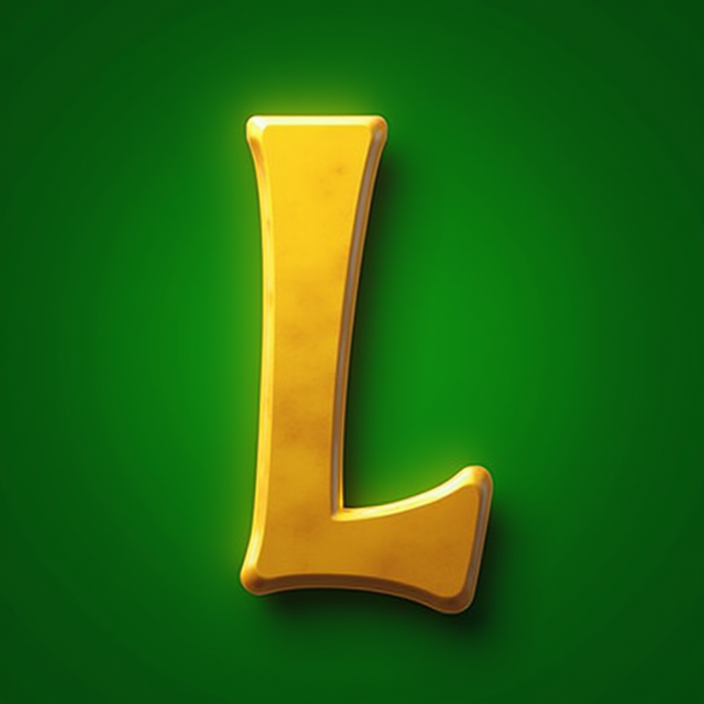 A shiny, golden letter 'L' stands out prominently against a deep green background, radiating a sense of boldness and luxury.