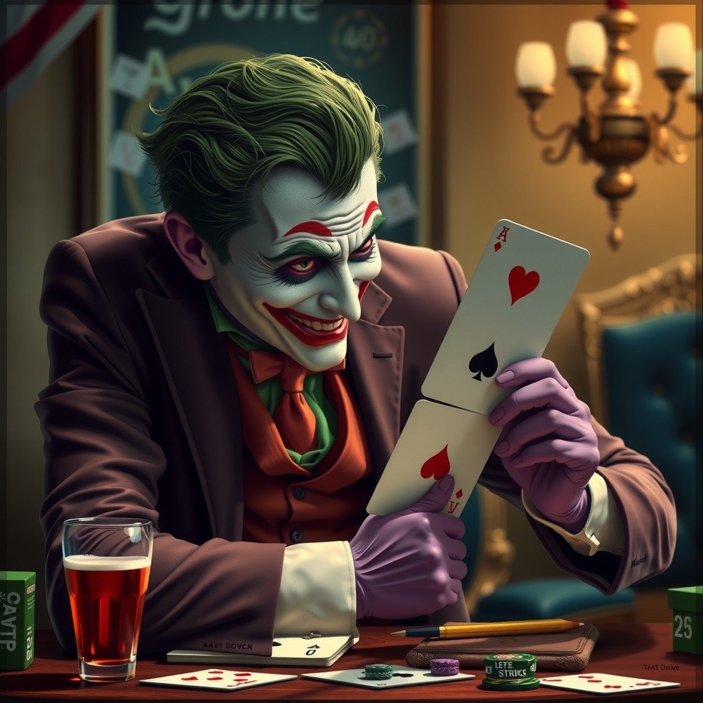 A sinister clown character grins mischievously while holding oversized playing cards at a poker table.