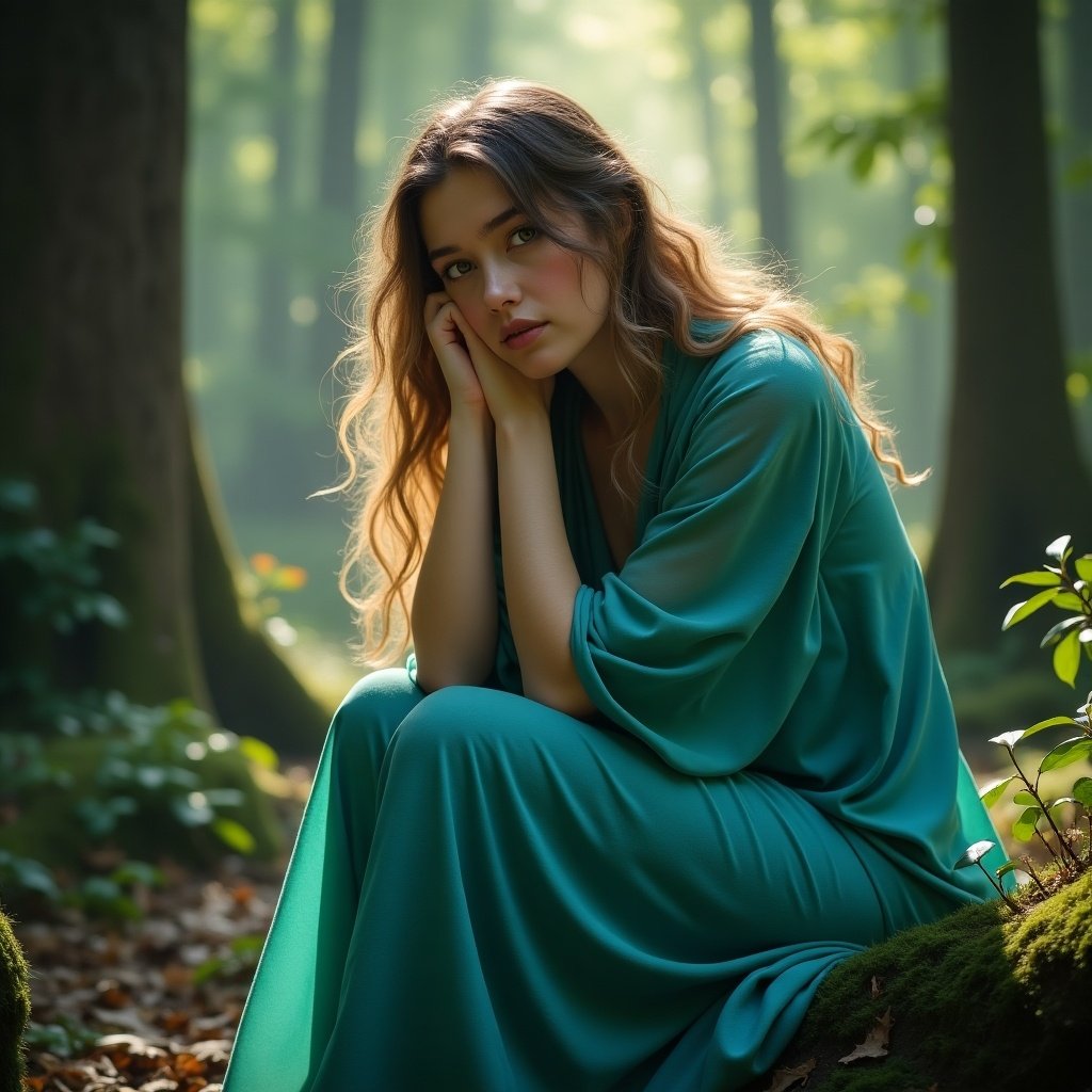 The image depicts an arcane character seated quietly in a mystical forest setting. The character is enveloped in a turquoise garment, giving off a serene and gentle aura. She has an ethereal appearance that complements her anxious yet empathetic demeanor. The soft lighting creates a calming atmosphere, filled with magical, warm tones. This character possesses long wavy light brown hair and green eyes, contributing to her enchanting presence.