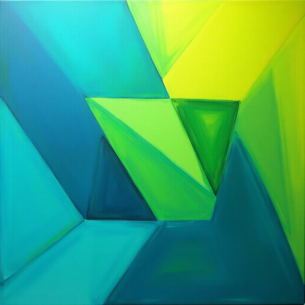 This artwork features an abstract composition of geometric shapes. It uses a vibrant color palette predominantly of aqua and lime green. The arrangement of the shapes creates a dynamic visual flow. Soft lighting enhances the depth and richness of the colors. This piece is ideal for modern interiors seeking a pop of color and artistic flair. The design harmonizes angles and edges, inviting viewers to explore the forms.