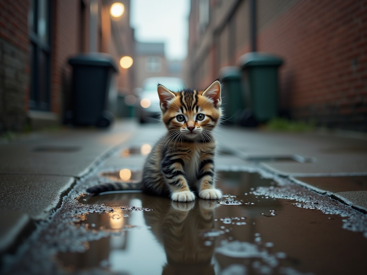 The image shows a cute kitten sitting in a wet alley. Rainwater has gathered on the ground, creating puddles that reflect the surroundings. The kitten has a fluffy coat with stripes and white paws. It appears curious and alert, looking directly at the camera. In the background, there are brick walls and some trash bins, creating a rustic urban setting. A car is parked nearby, adding to the alley feel. The soft, diffused light from a streetlamp enhances the moody atmosphere.