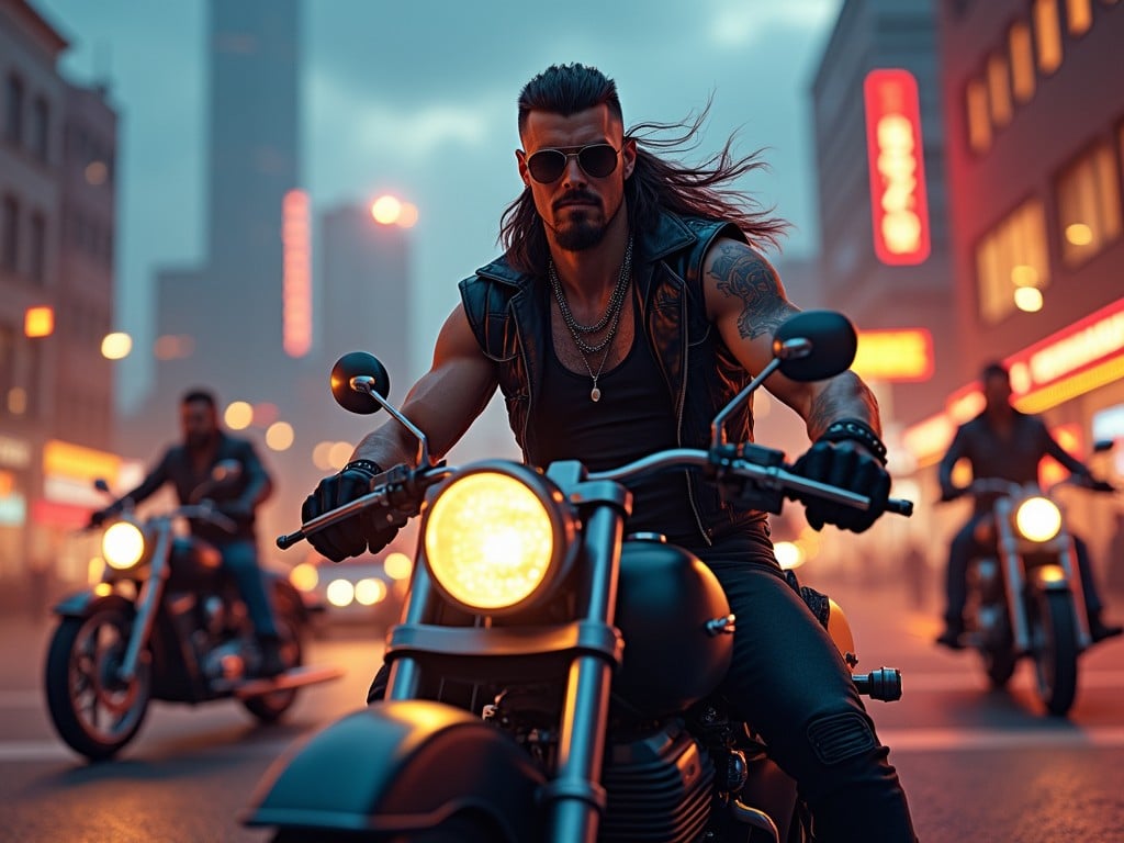 The image captures a rugged biker with long hair, wearing sunglasses and a leather vest, symbolizes freedom and rebellion. The scene is set in an urban environment, as the biker and two companions ride through city streets, with blurred neon lights in the background suggesting motion and the nightlife vibe. The atmosphere is immersive, blending the thrill of the ride with the allure of the city after dark.