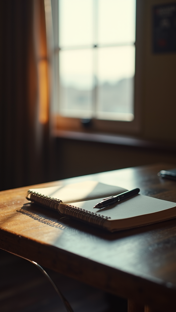 A sunlit wooden table with an open spiral notebook and a black pen, set beside a softly glowing window in a quiet room.