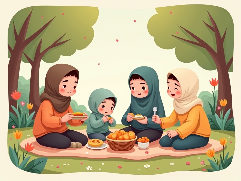 This illustration shows a warm and cute scene of a Muslim family having a picnic. Four characters, including two women and a child, are seated on a blanket in a park with trees surrounding them. Each character is enjoying food, contributing to a cheerful atmosphere. The overall style is kawaii, using soft pastel colors and rounded shapes to emphasize innocence. Floral elements are incorporated around the characters, enhancing the serene mood. The characters have large, expressive eyes, adding a childlike charm to the scene. A gentle breeze carries flower petals, creating a calming environment.