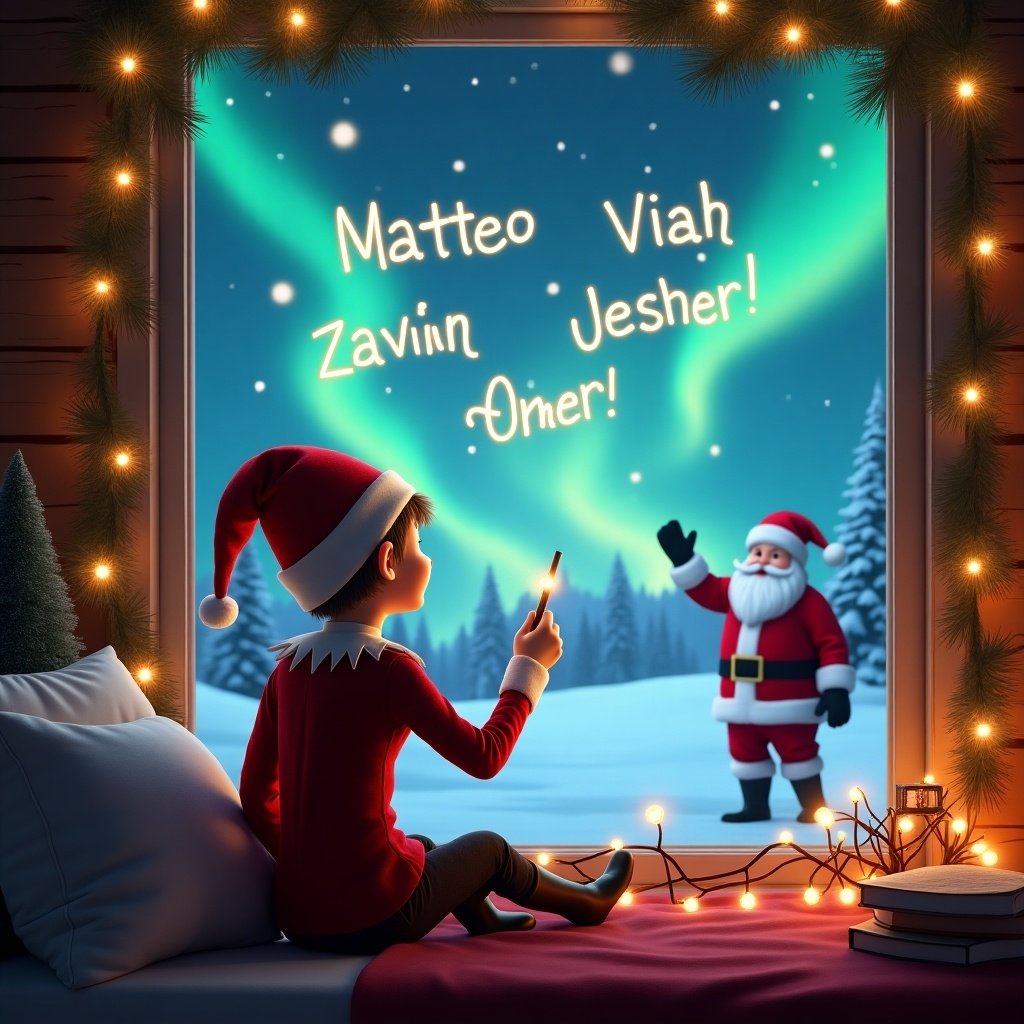 A cozy holiday scene features an elf seated by a window with his back to the viewer. The elf is facing a magical sky, holding a wand and writing names like 'Matteo', 'Viah', 'Zavian', 'Asher', and 'Jethro' in glowing letters. Outside, the snowy landscape is illuminated by vibrant northern lights. In the distance, Santa Claus can be seen waving cheerfully. The window is framed with cozy holiday decorations, enhancing the festive atmosphere. The entire scene captures the enchanting spirit of Christmas beautifully.