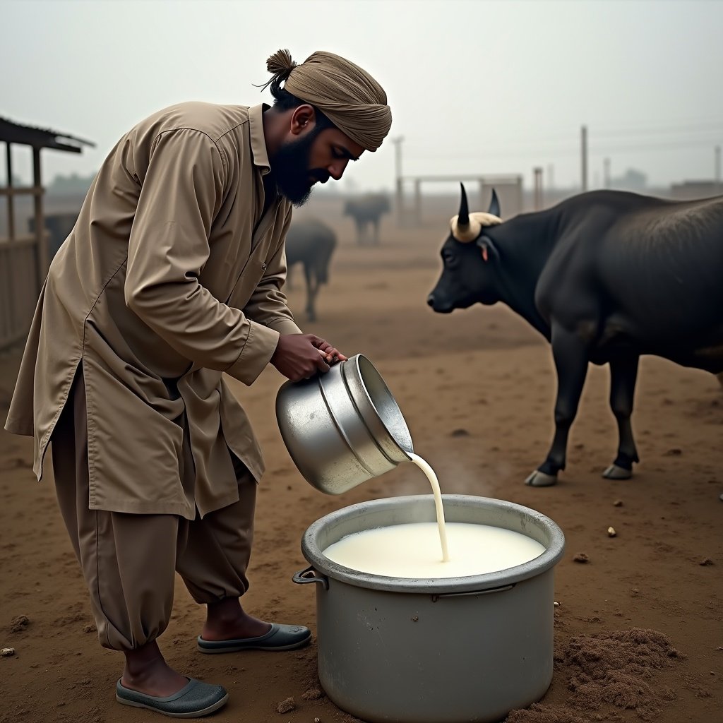 A man in traditional attire pouring milk from a pail into a larger container on a farm with buffaloes in the background.