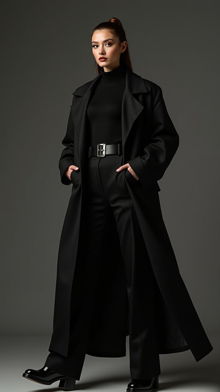 The image showcases a woman in a full-length, black trench coat, exuding a sense of confidence and elegance. Her attire is complemented by a black turtleneck and black pants, with a prominent belt adding a touch of sophistication. The lighting casts a soft shadow, enhancing the dramatic effect of the monochromatic outfit.