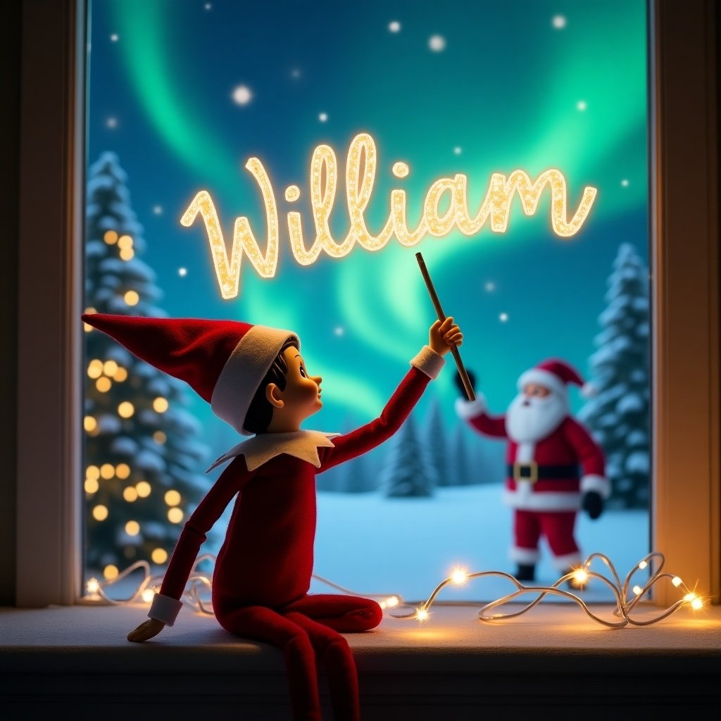 An elf on the shelf sits with his back to the viewer, gazing up at the mesmerizing northern lights in the night sky. He holds a wand, gracefully crafting the name 'William' in shimmering light. In the background, Santa Claus watches with a warm smile, surrounded by snow-covered trees. The scene is filled with festive lights and a magical atmosphere. The elf's attention is entirely on the name he's creating, adding a personal touch to the enchanting Christmas setting.