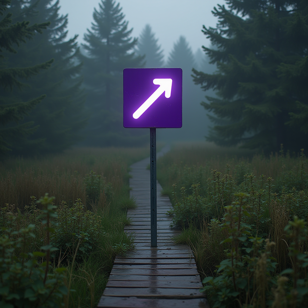 A glowing sign with an upward arrow stands on a wooden path in a misty forest.